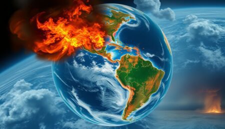 Create an image of a globe engulfed in various natural disasters, with a prominent wildfire in Valparaiso, Chile, and a backdrop of storms, floods, and other extreme weather events.