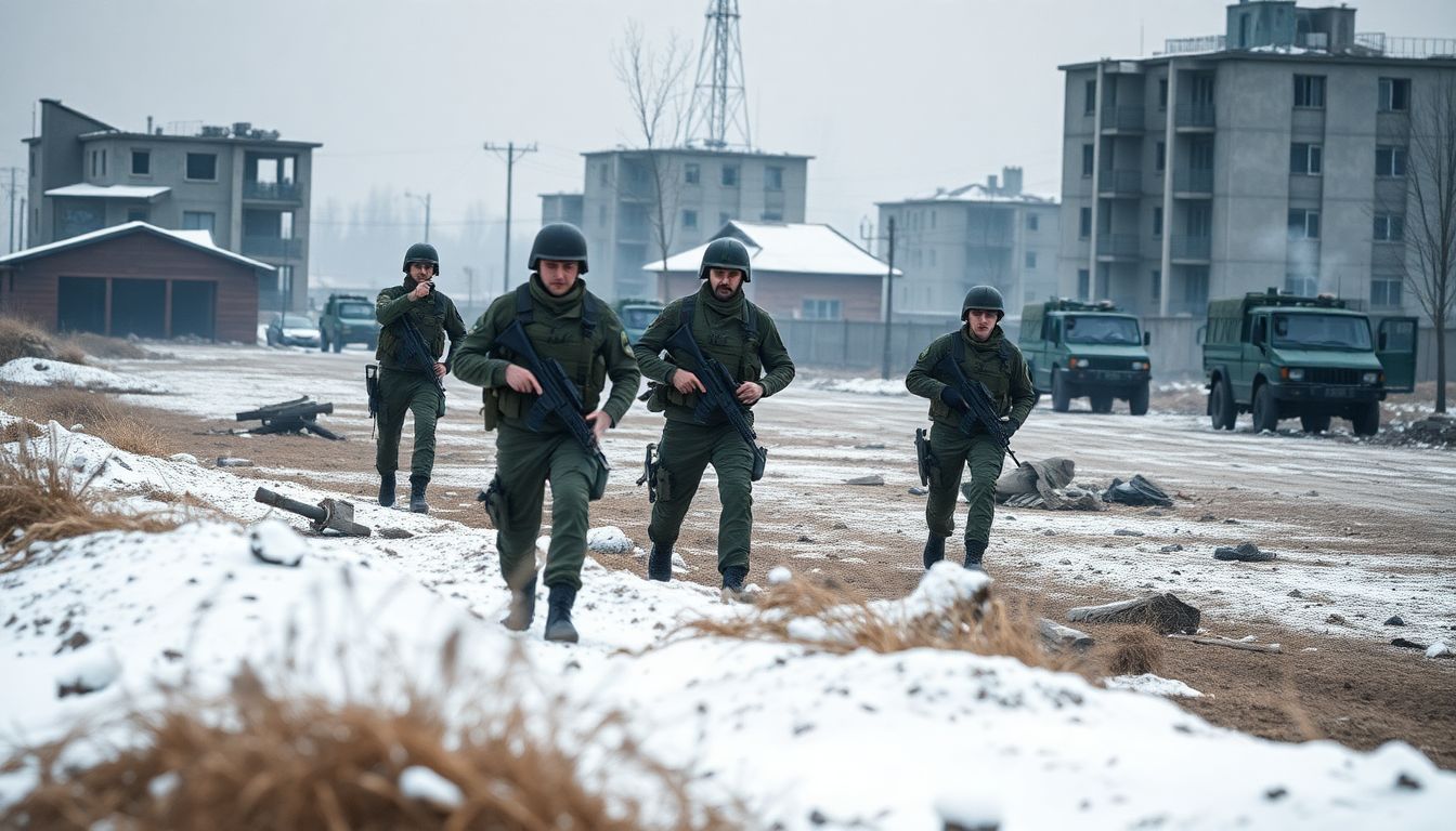 A grim scene of Ukrainian soldiers on the front lines, with destroyed buildings and military vehicles in the background.