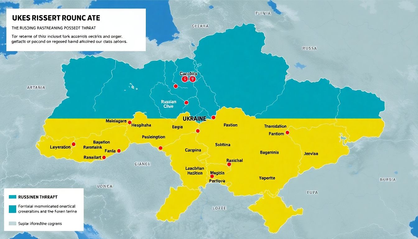 A map of Ukraine with highlighted cities under threat, showing Russian military movements and potential attack vectors.