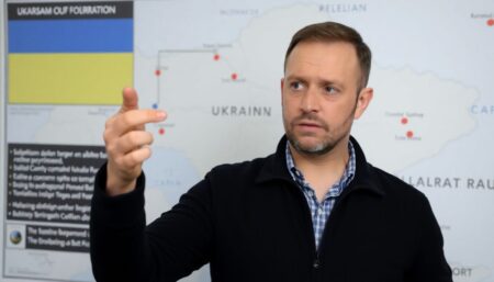 A serious and concerned Taras Chmut, head of the Come Back Alive Foundation, standing in front of a map of Ukraine with military markings, pointing to key areas of concern while discussing the chaos in the military command structure.