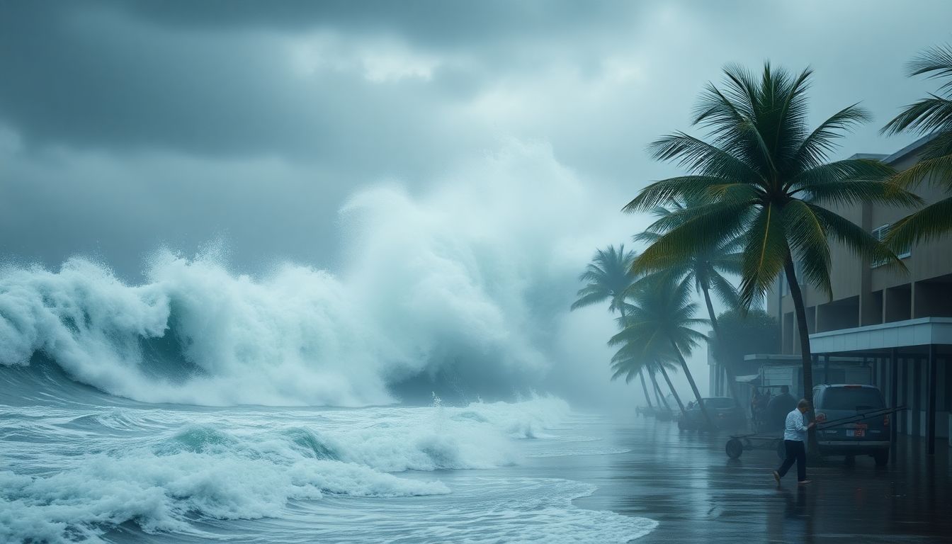 Generate an image of a Category 5 hurricane making landfall, with towering waves, bent palm trees, and people taking shelter in sturdy buildings.