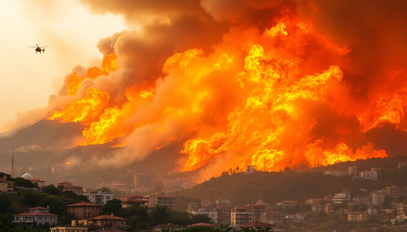 Generate an image of a massive wildfire engulfing the hills of Valparaiso, Chile, with firefighters and helicopters attempting to control the blaze.