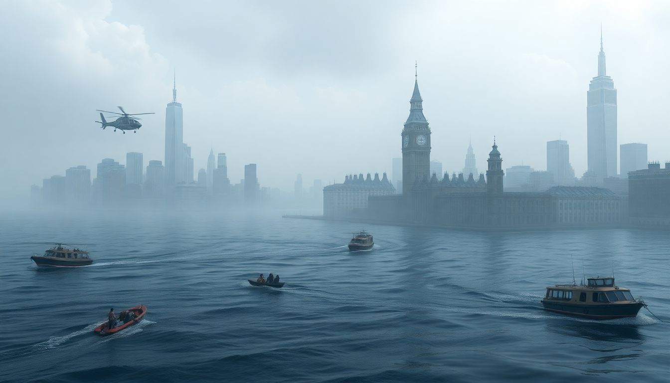 Create an image of a city submerged in water, with people being evacuated by boats and helicopters, and landmarks partially underwater.