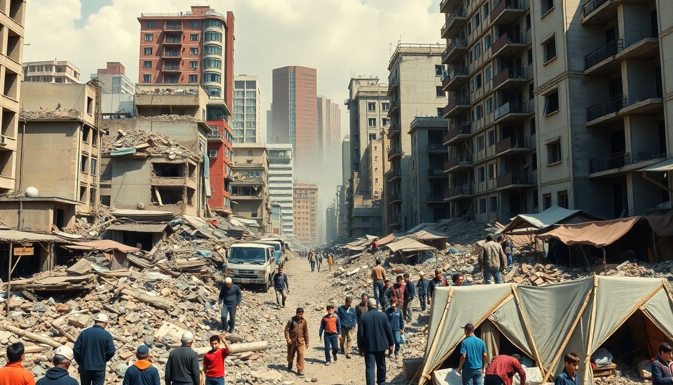 Create an image of a cityscape with collapsed buildings, rescue workers searching through the rubble, and people gathered in makeshift shelters.