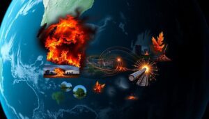 Create an image of a globe with multiple natural disasters occurring simultaneously, such as wildfires, floods, hurricanes, and earthquakes, with a somber color scheme to reflect the severity of the events.