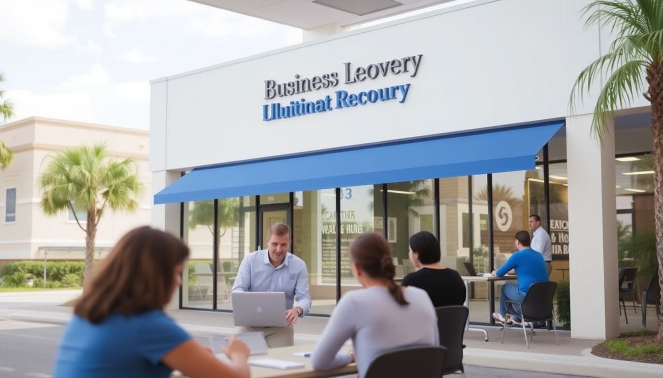 Generate an image of the Business Recovery Assessment Center in Tampa, with businesses receiving coaching and mentoring services.