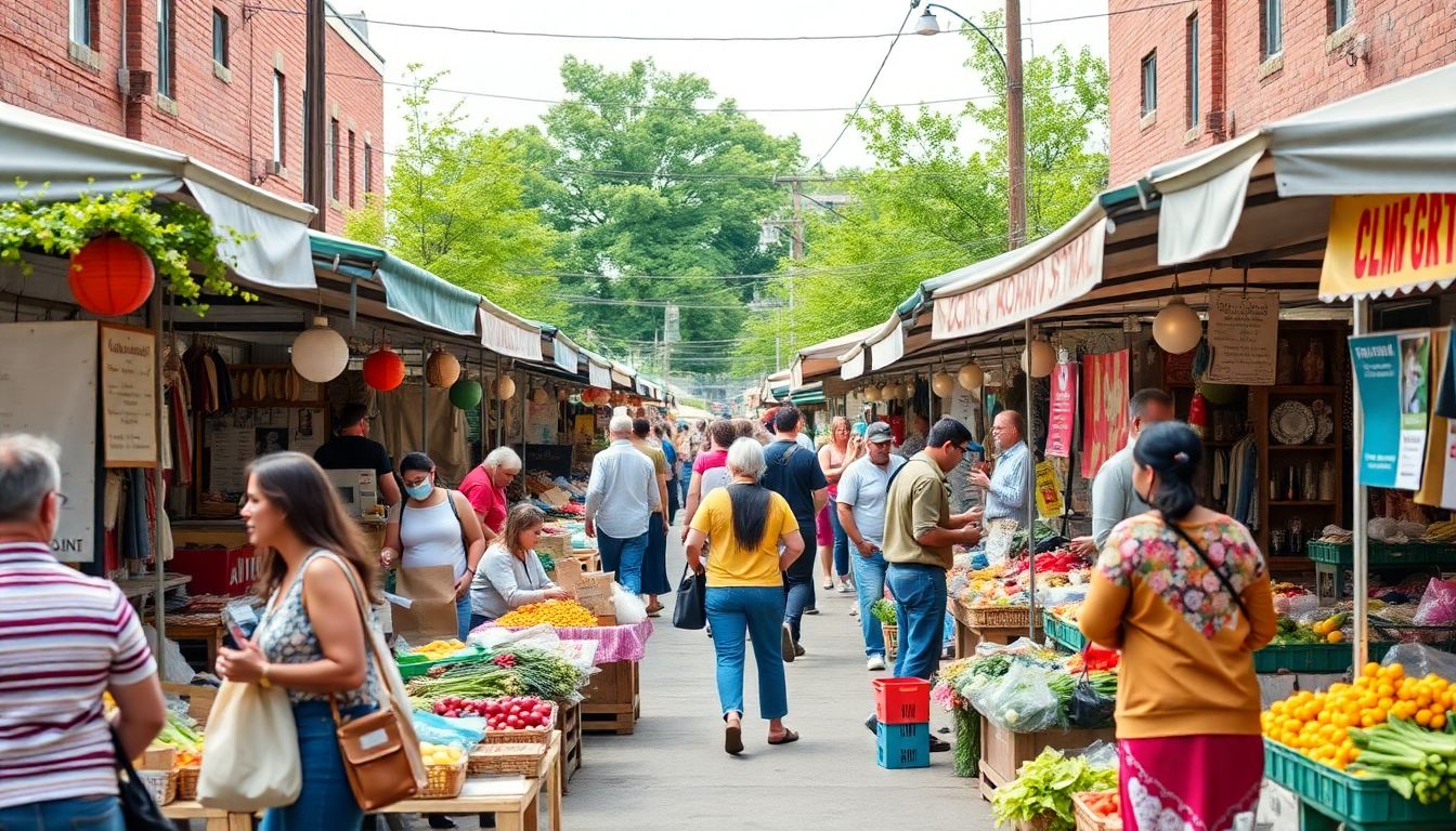 Create an image of a vibrant local market with community members shopping and supporting small businesses, emphasizing the spirit of resilience and unity.