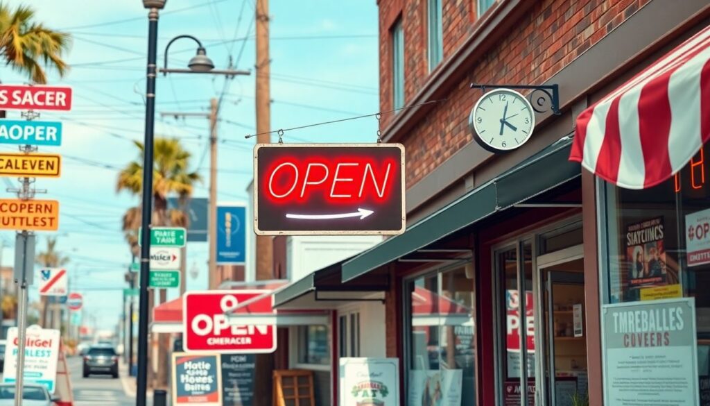 Create an image of a bustling small business district with a prominent 'Open for Business' sign, surrounded by signs of recovery and rebuilding efforts post-hurricane.