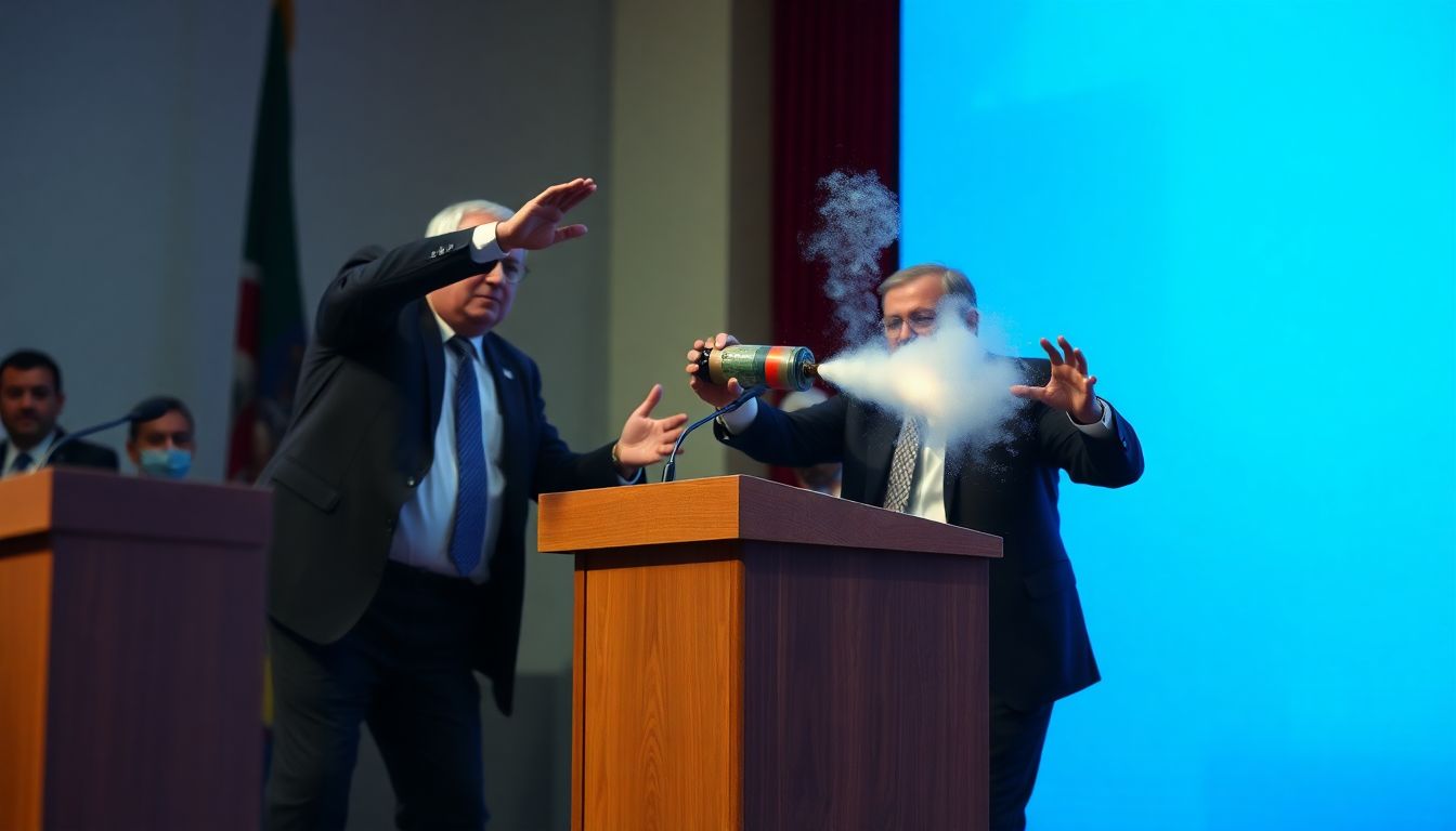 Create an image of a teargas canister being thrown at a podium, with a bodyguard intercepting it and aides rushing to shield the former deputy president.