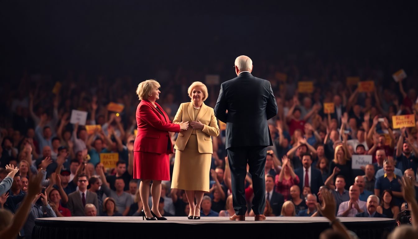 Generate an image of political leaders standing united on a stage, with a backdrop of a cheering crowd.