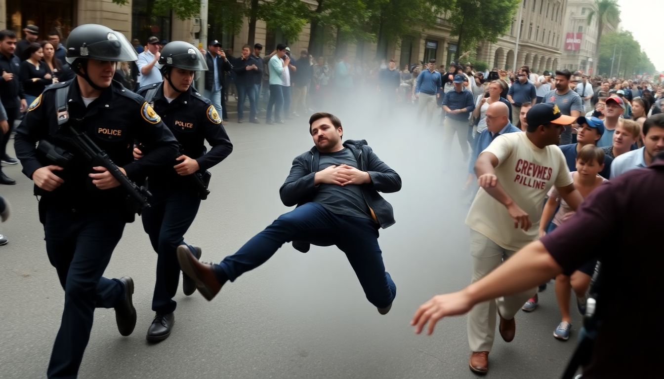 Generate an image of a injured man being rescued by police officers while a crowd chases them.