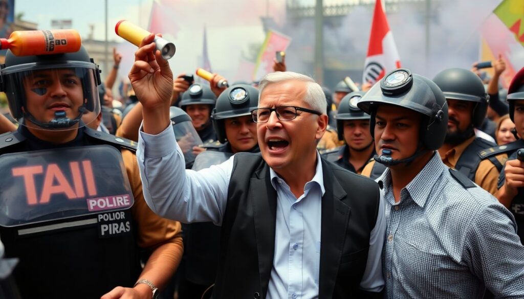 Generate an image of a chaotic political rally with teargas canisters flying, police in riot gear, and a defiant former deputy president being shielded by bodyguards.