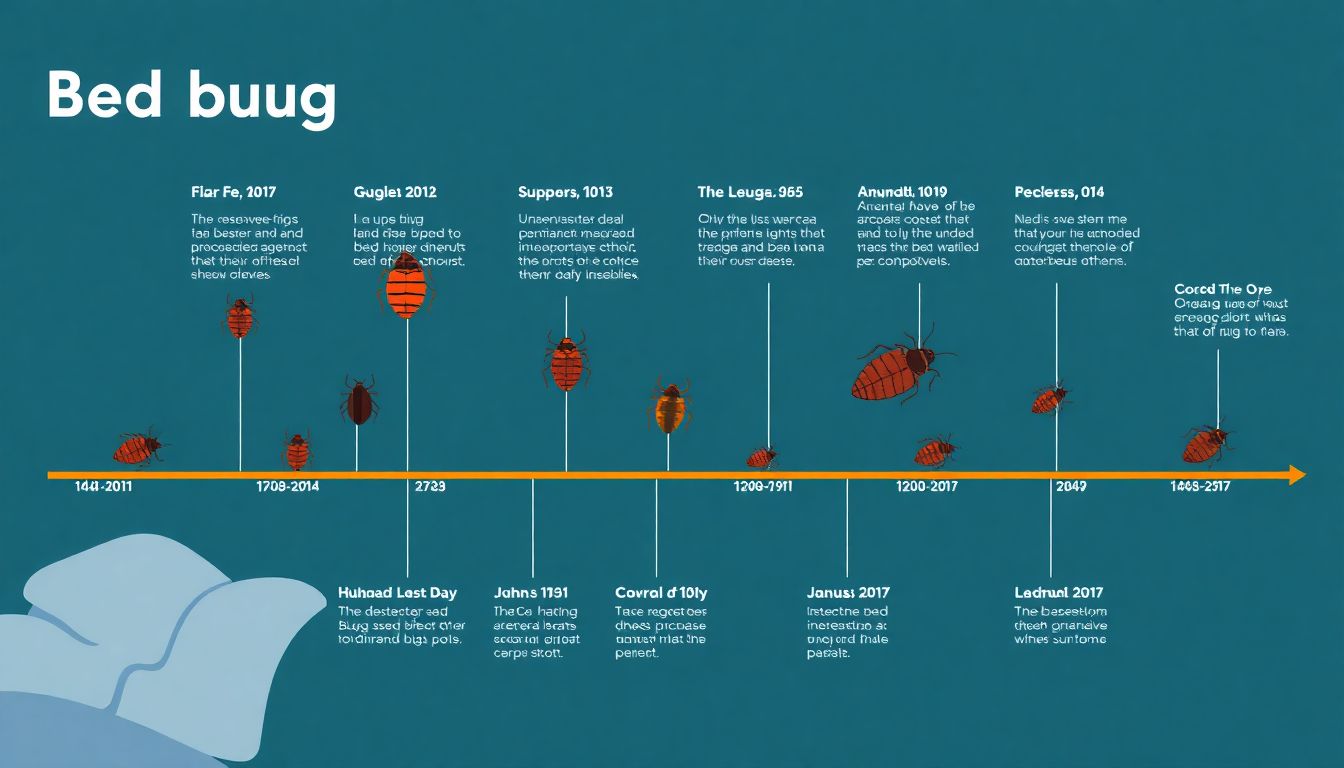 Design an image depicting the timeline of bed bug infestations, from their historical prevalence to their modern-day resurgence.