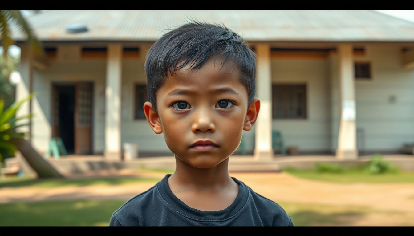 Create an image of a young Watana Sittirachot standing in front of the orphanage, with a mix of hope and uncertainty in his eyes.