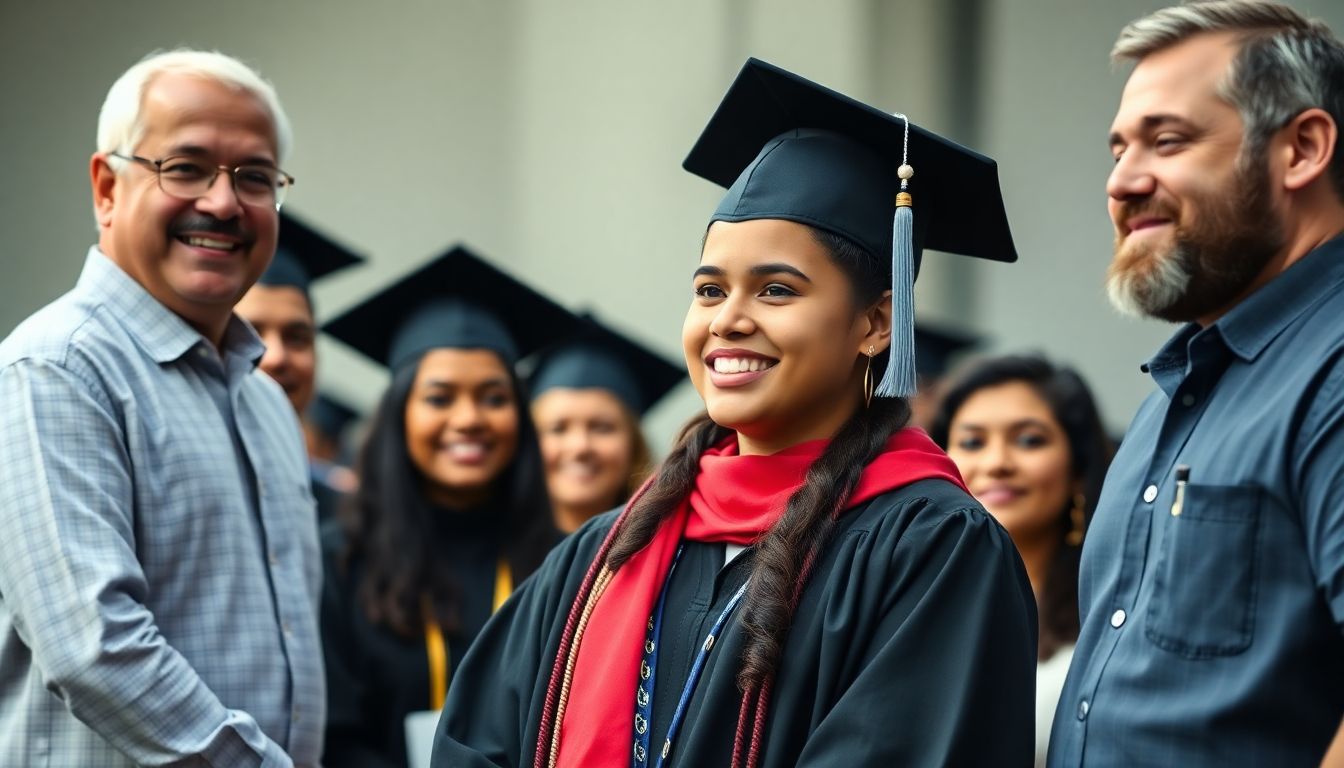 Generate an image of Sittirachot graduating, surrounded by proud peers and mentors, with a sense of accomplishment and joy.