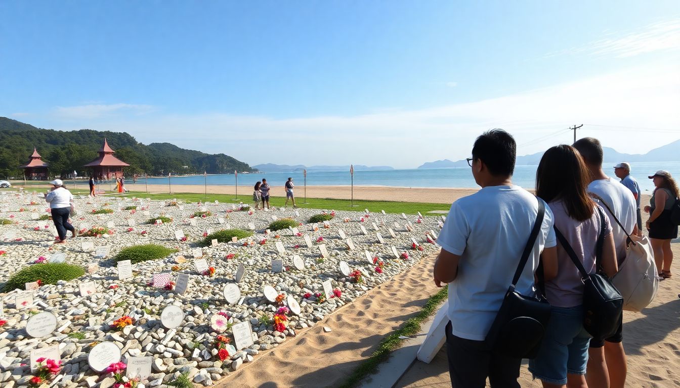 Create an image of the tsunami memorial in Khao Lak, with visitors paying their respects, surrounded by a serene and rebuilt landscape.