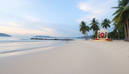 Create an image of a serene beach in Khao Lak, Thailand, with a memorial in the background, symbolizing both the devastation of the tsunami and the hope that has risen from its ashes.