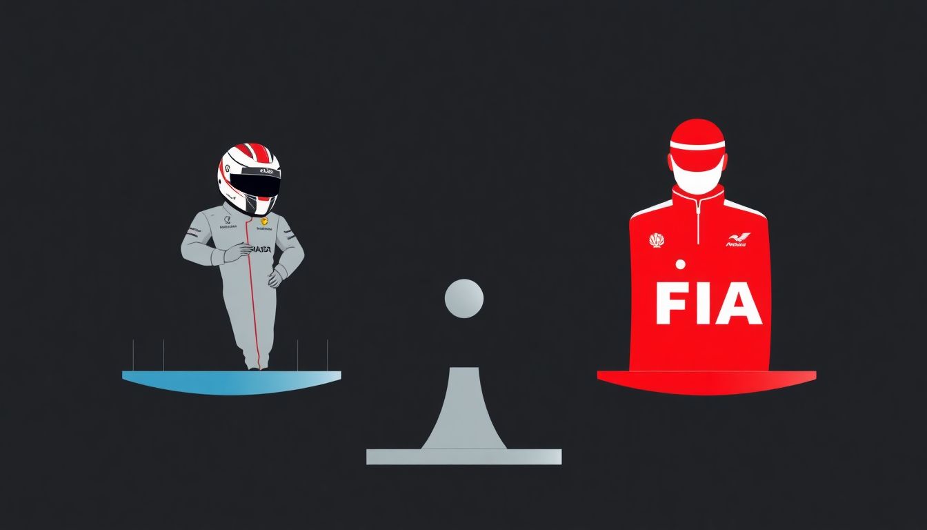 Design an image of a scale with drivers on one side and FIA officials on the other, symbolizing the balance of power in F1.