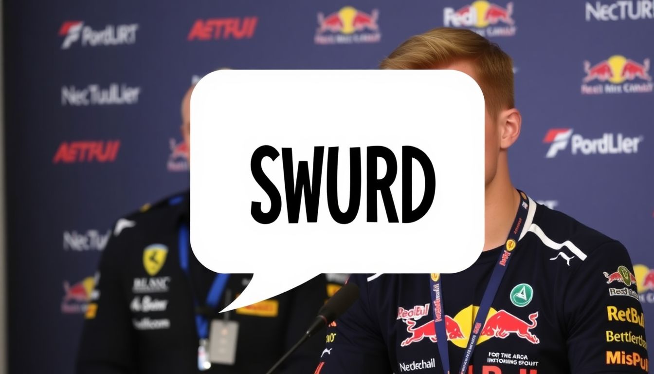 Design an image of Max Verstappen at a press conference with a speech bubble containing a censored swear word, while an official stands nearby.