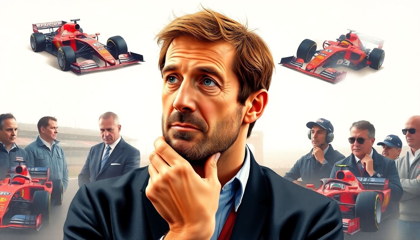 Create a portrait of Marc Priestley with a thoughtful expression, surrounded by images of F1 cars and officials in discussion.