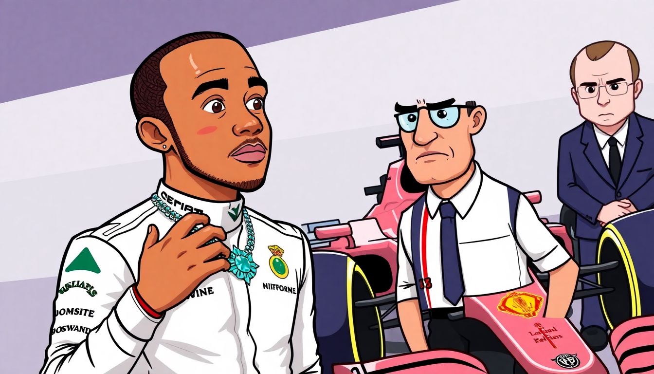 Create an illustration of Lewis Hamilton wearing jewellery while standing next to an F1 car, with an official looking disapproving.