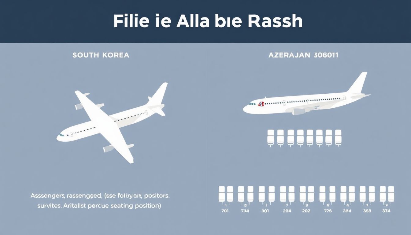 Create an infographic showing the details of the South Korea and Azerbaijan plane crashes, including the number of passengers, survivors, and their seating positions.