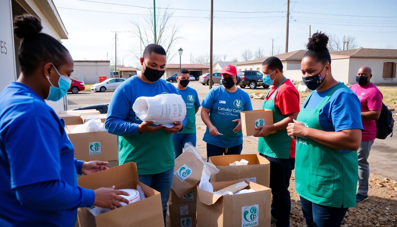 Create an image of Catholic Charities USA volunteers distributing supplies, offering spiritual support, and helping rebuild communities affected by natural disasters in the U.S.