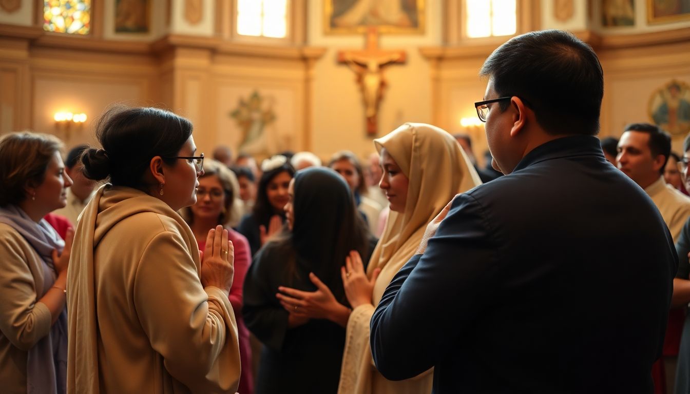 Generate an image of Catholic communities gathered in prayer, with a focus on the emotional support and solidarity shown during times of crisis.