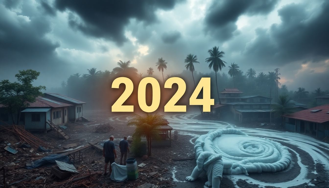 Create an image depicting the devastation caused by natural disasters in 2024, including scenes of landslides, hurricanes, and typhoons, with a focus on the affected regions mentioned.