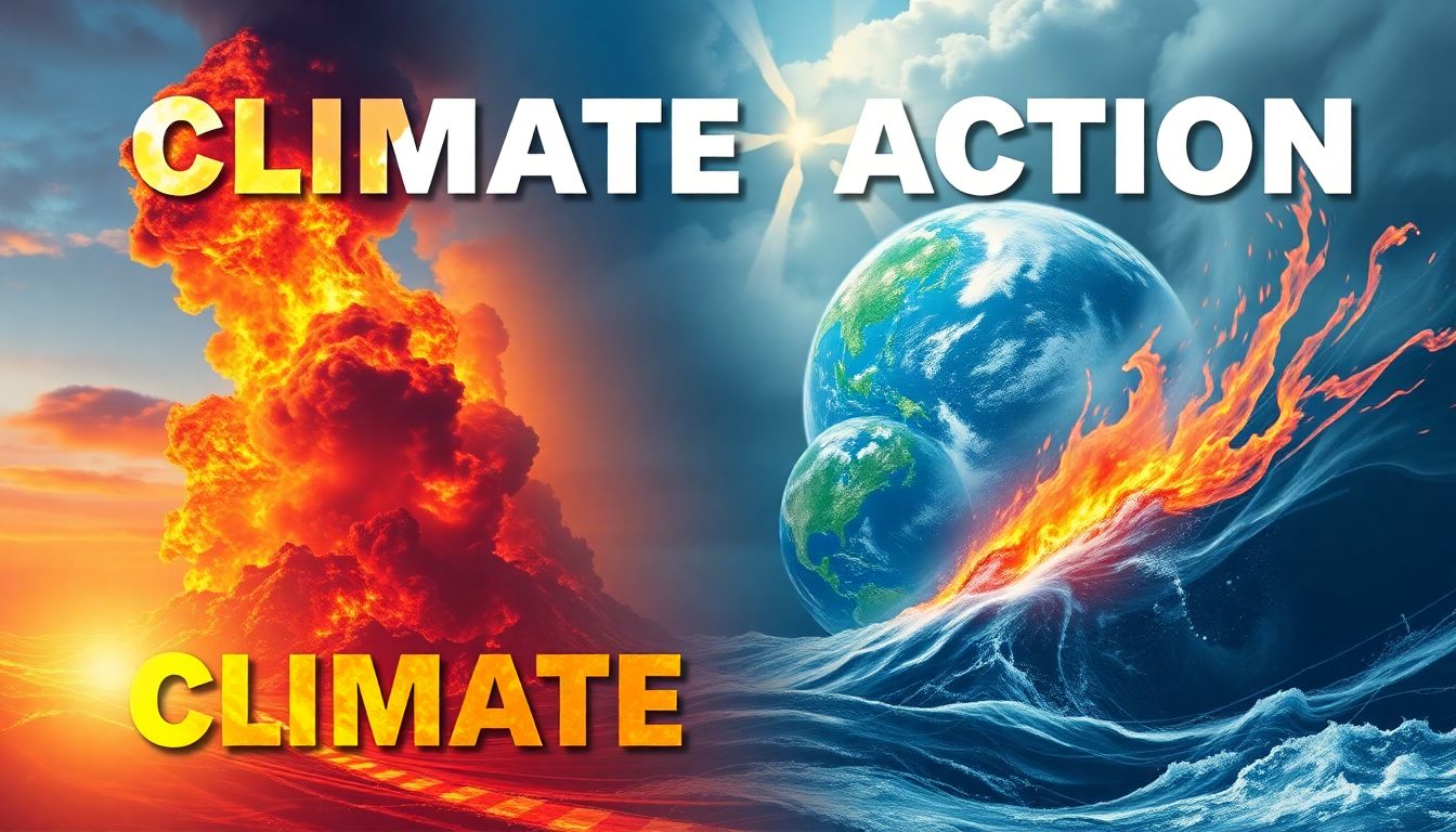 Design a poster advocating for climate action, featuring powerful imagery of both the disasters and the potential solutions, such as renewable energy and global cooperation.