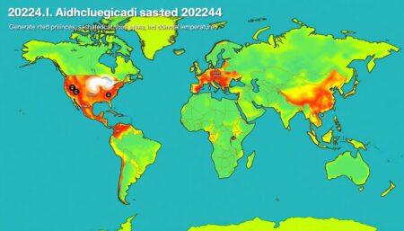 Generate an image of a global map highlighting the locations of the major climate disasters in 2024, with icons representing hurricanes, typhoons, storms, and floods. Include a heatmap overlay to show the record-breaking global temperatures.