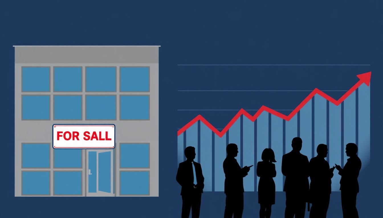 Show an office building with a 'For Sale' sign, a graph with a downward trend, and silhouettes of people discussing the sale.