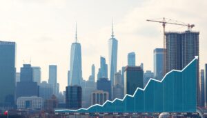 Create an image of a bustling city skyline with office buildings, some with 'For Sale' signs, others under construction, and a graph showing fluctuating market trends.