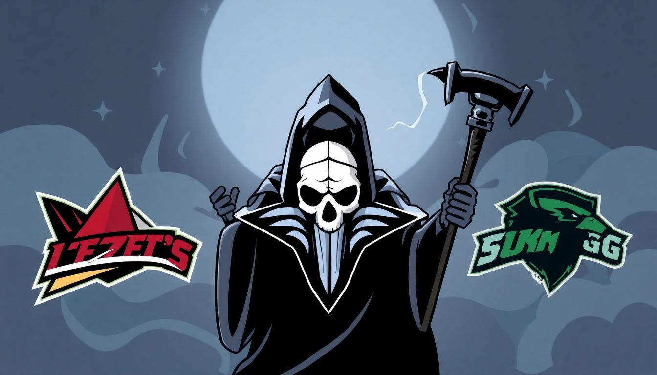 An illustration of the three promoted teams' logos with a grim reaper looming in the background, symbolizing their struggle for survival.