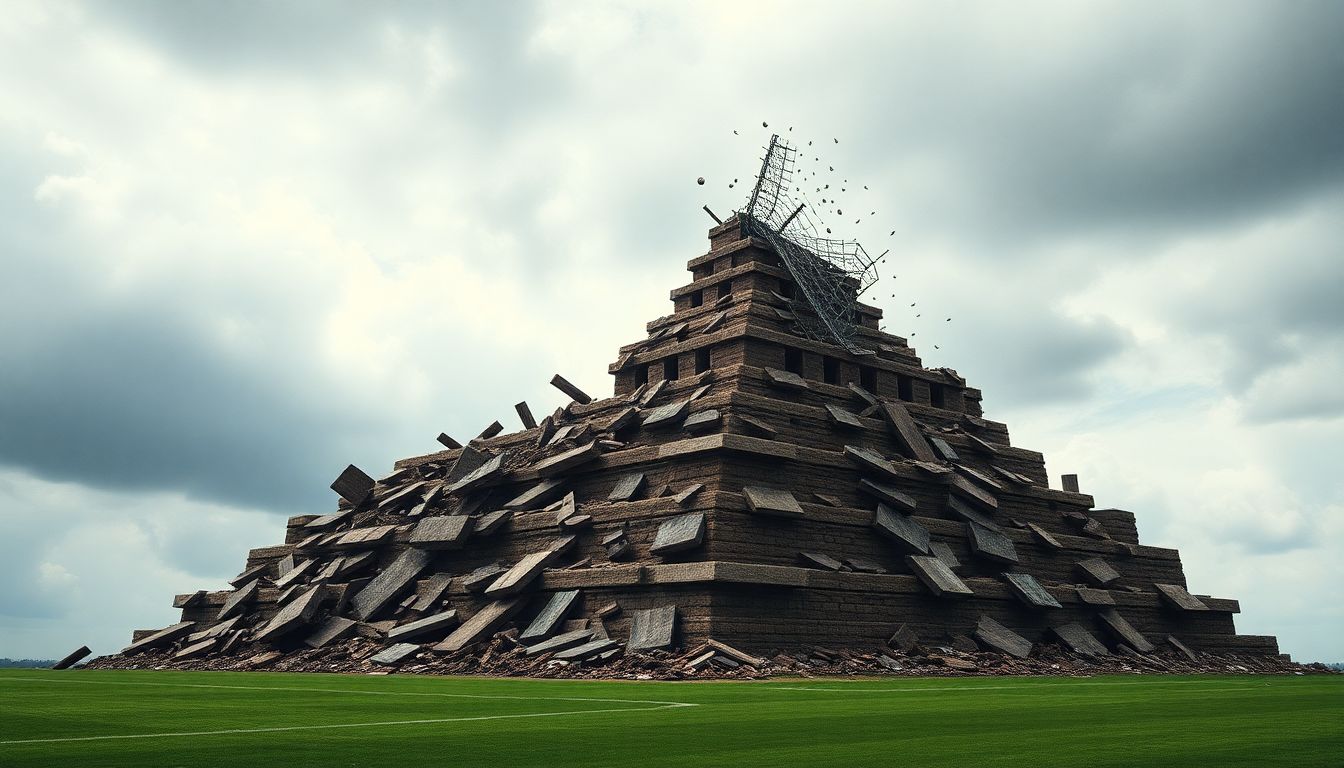 A metaphorical image of a crumbling pyramid, representing the potential collapse of the English football structure.