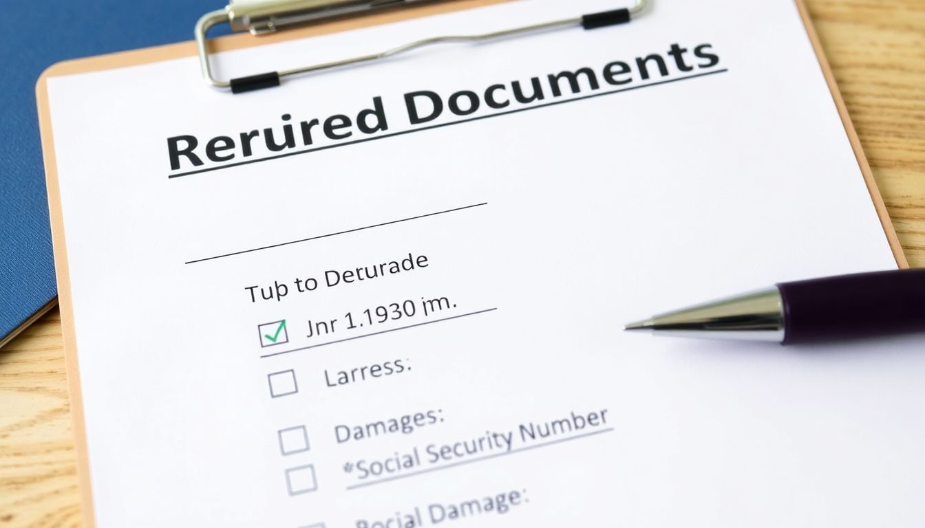 A checklist of required documents and information, such as a Social Security number, address, and list of damages, on a clipboard.