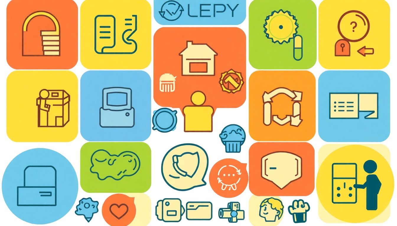 A collage of icons representing various support services, such as unemployment benefits, counseling, and financial aid, with a hopeful and supportive tone.