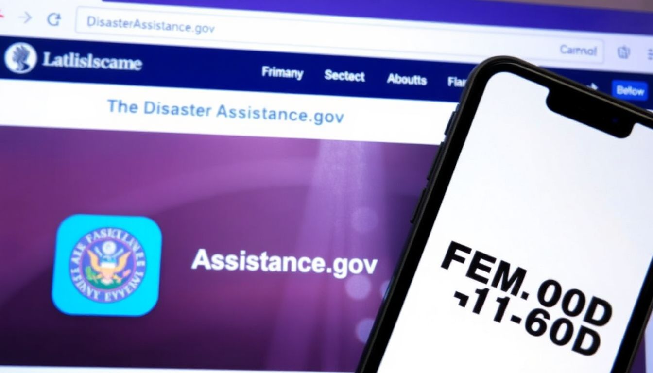 A screenshot of the DisasterAssistance.gov website alongside the FEMA app icon and a phone with the FEMA hotline number displayed.