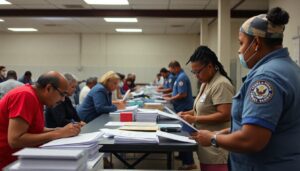 Create an image of a FEMA assistance center in North Carolina, with survivors filling out applications and receiving support from FEMA representatives.