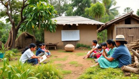 Create an image of a rural school surrounded by natural elements, with students and teachers collaborating on disaster preparedness plans, using both traditional and digital tools.