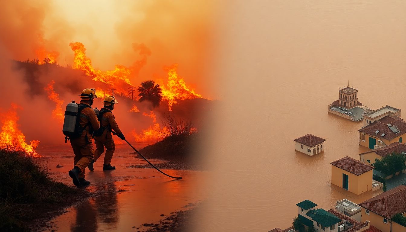 Create an image of firefighters battling wildfires in Portugal, juxtaposed with a scene of extensive flooding in Valencia, Spain.