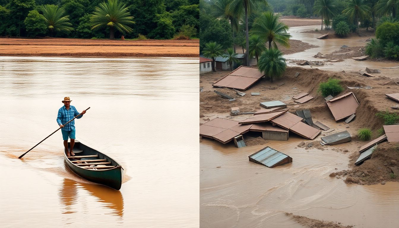 Generate an image of fishermen pushing their canoe during the drought in Brazil, contrasted with a scene of severe flooding and mudslides in Rio Grande do Sul.