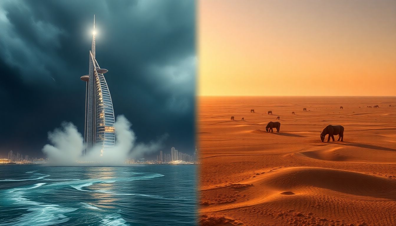 Generate an image of Dubai under water after intense storms, contrasted with a scene of drought-stricken landscapes in Namibia.