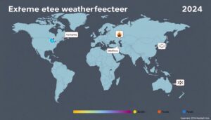 Generate an image of a global map highlighting areas affected by extreme weather events in 2024, with icons representing hurricanes, wildfires, droughts, and floods.