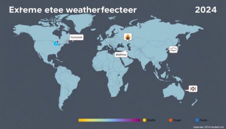 Generate an image of a global map highlighting areas affected by extreme weather events in 2024, with icons representing hurricanes, wildfires, droughts, and floods.