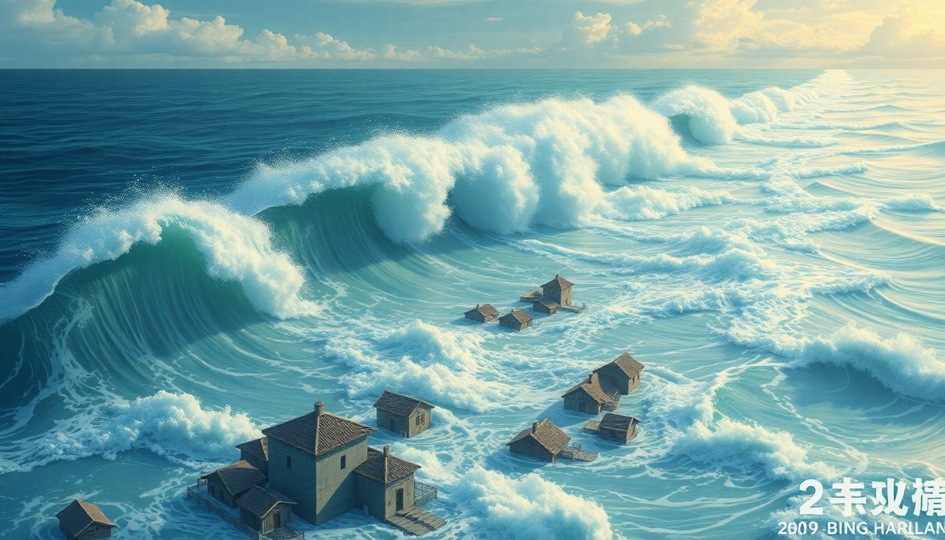 Illustrate the moment the tsunami hit the coastlines, with waves sweeping through villages and towns.