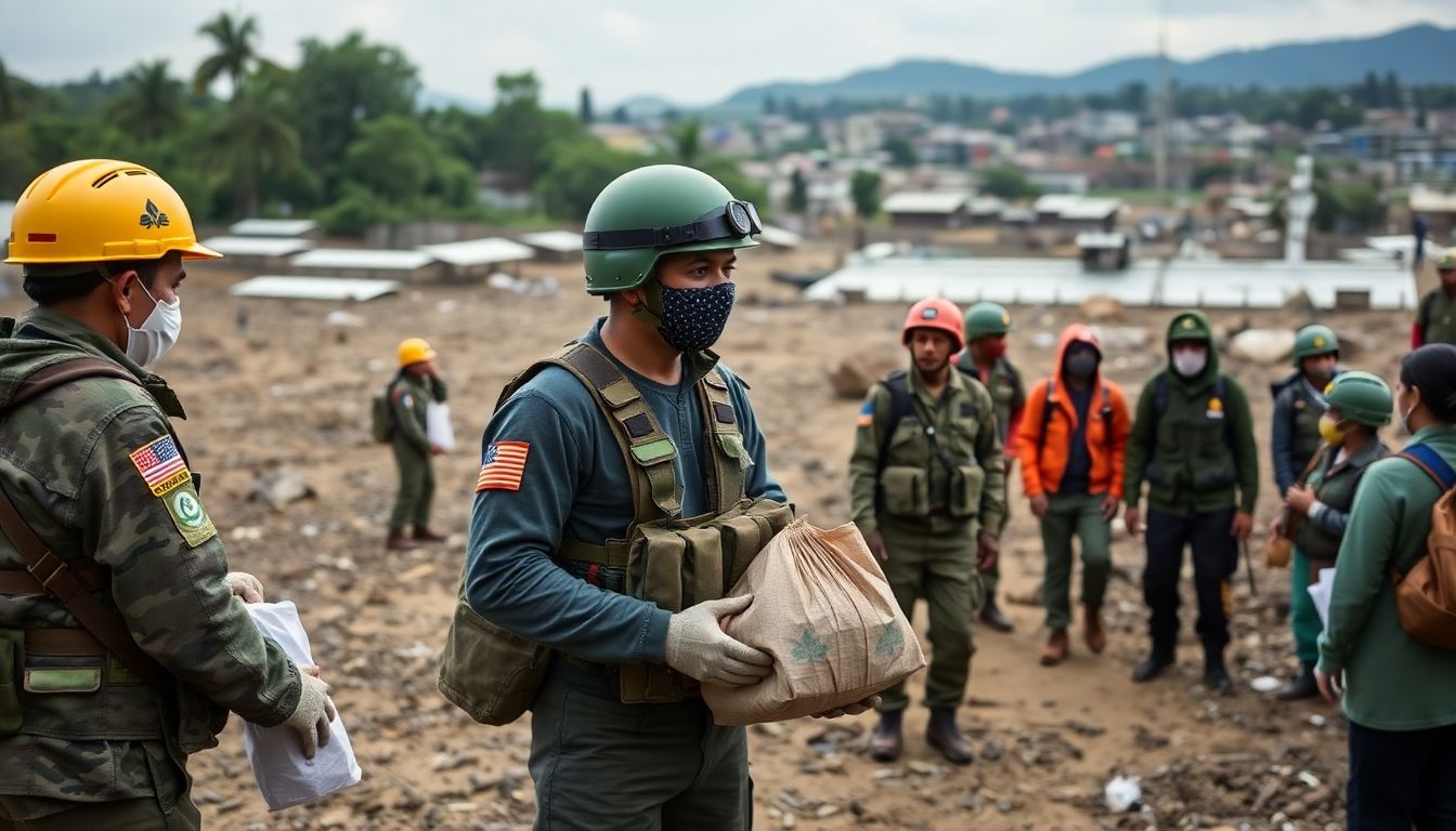 Show images of international aid workers, military personnel, and volunteers working together in the affected regions.