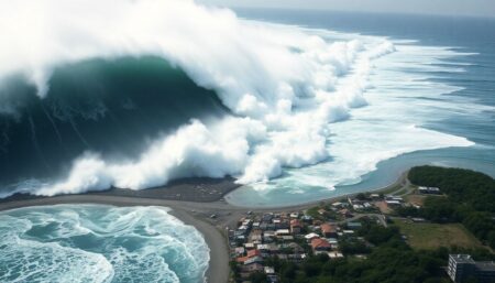 Create an image that captures the immense scale of the Indian Ocean tsunami, showing the towering waves crashing into coastal towns and the devastation left behind.