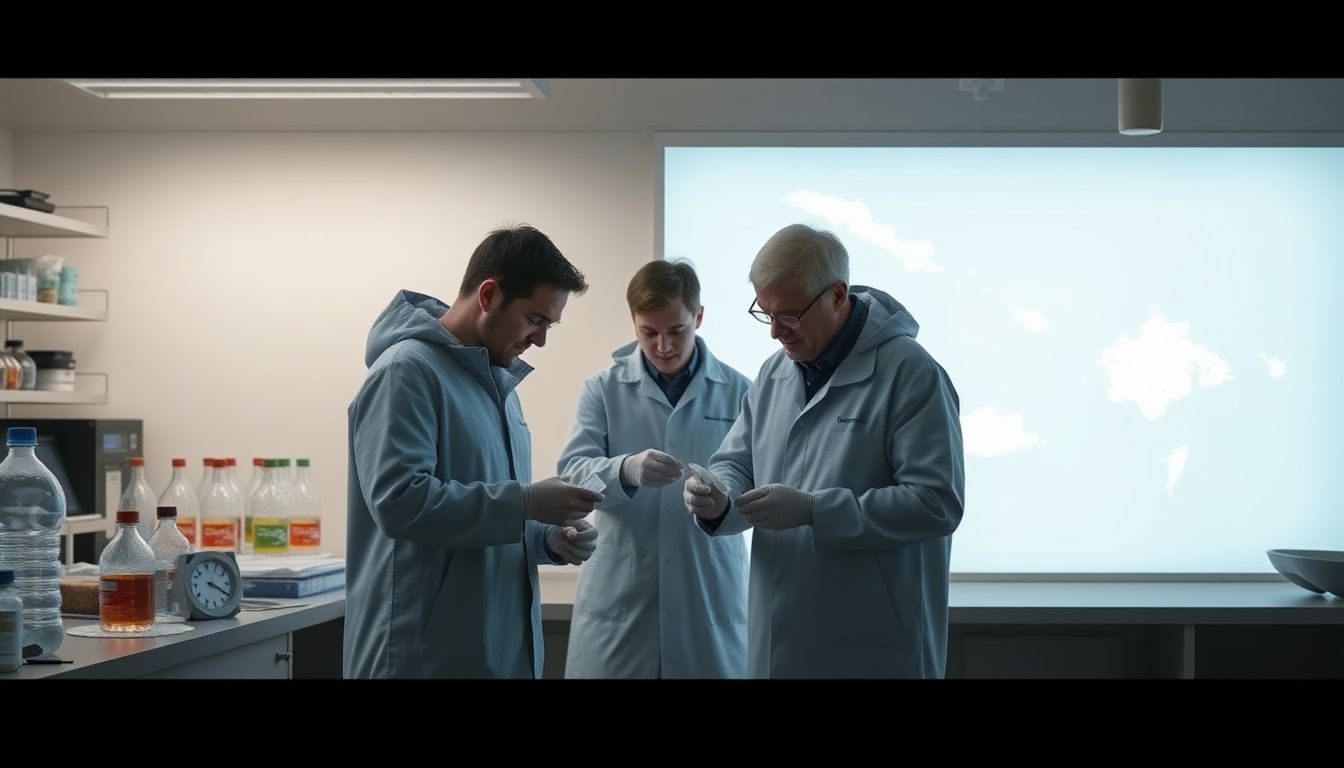 Create an image of scientists examining ice cores in a lab, with a map of the Kuril Islands in the background.