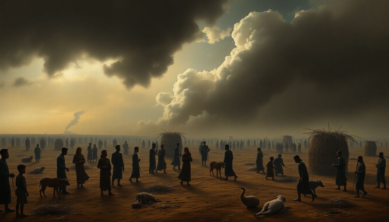 Generate an image of a historical painting depicting the famine in India, with a dark, ash-filled sky.